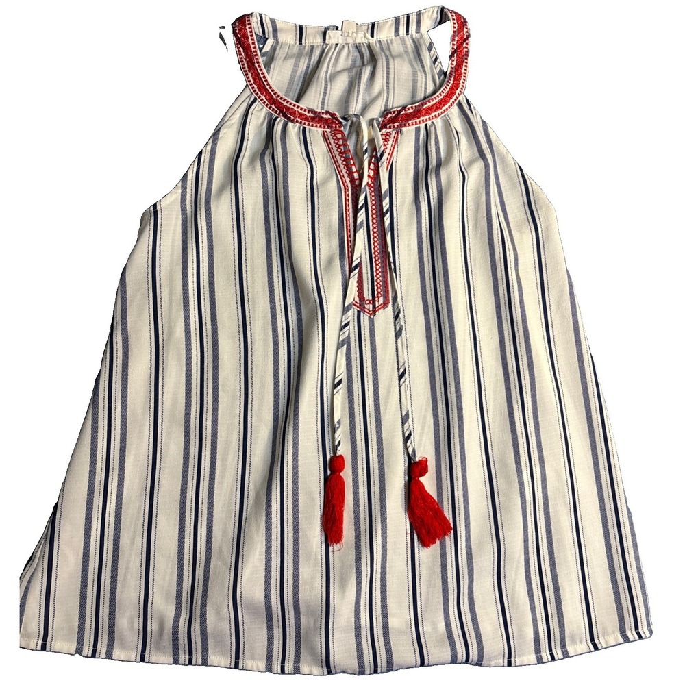 THML Halter Top Women White Navy Red Excellent Boho Striped Tassel M